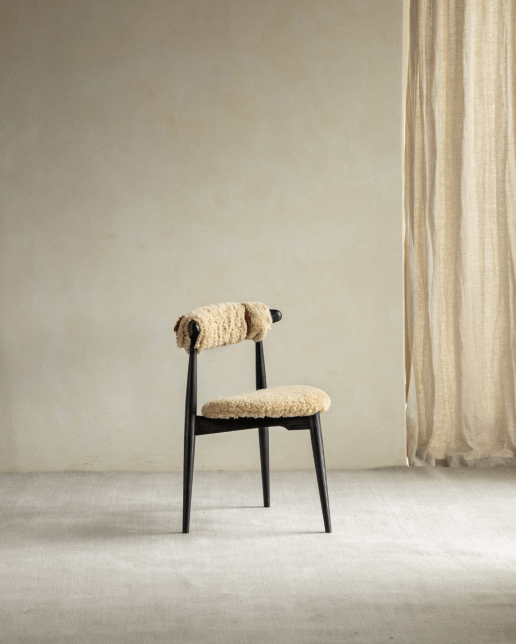 Heart Dining Chair with shearling upholstery and oak wood frame, Danish design for vintage interior decor