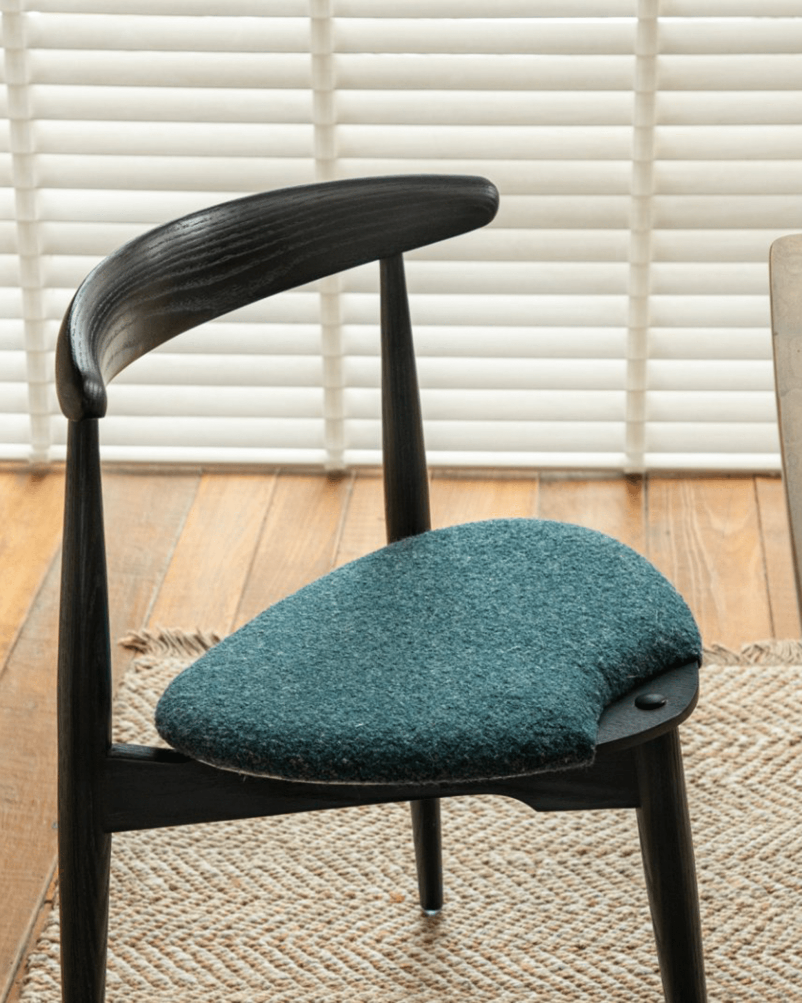 Heart Dining Chair with Teal Seat, Danish design, oak wood frame, vintage decor