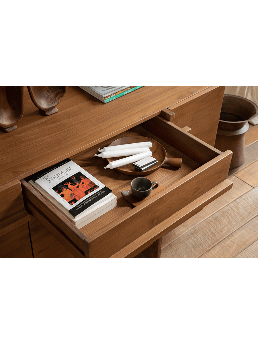 NO.42 Teak Sideboard open drawer showcasing storage, solid teak wood, and elegant design, with candles and book