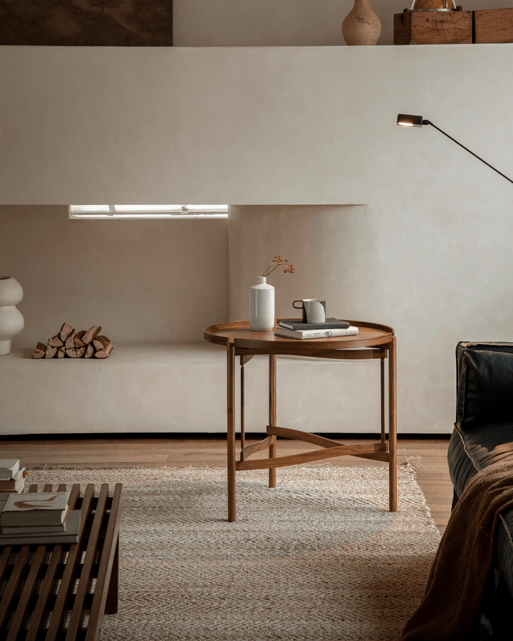 Hansen Tray Side Table with vase and cup in stylish modern living room