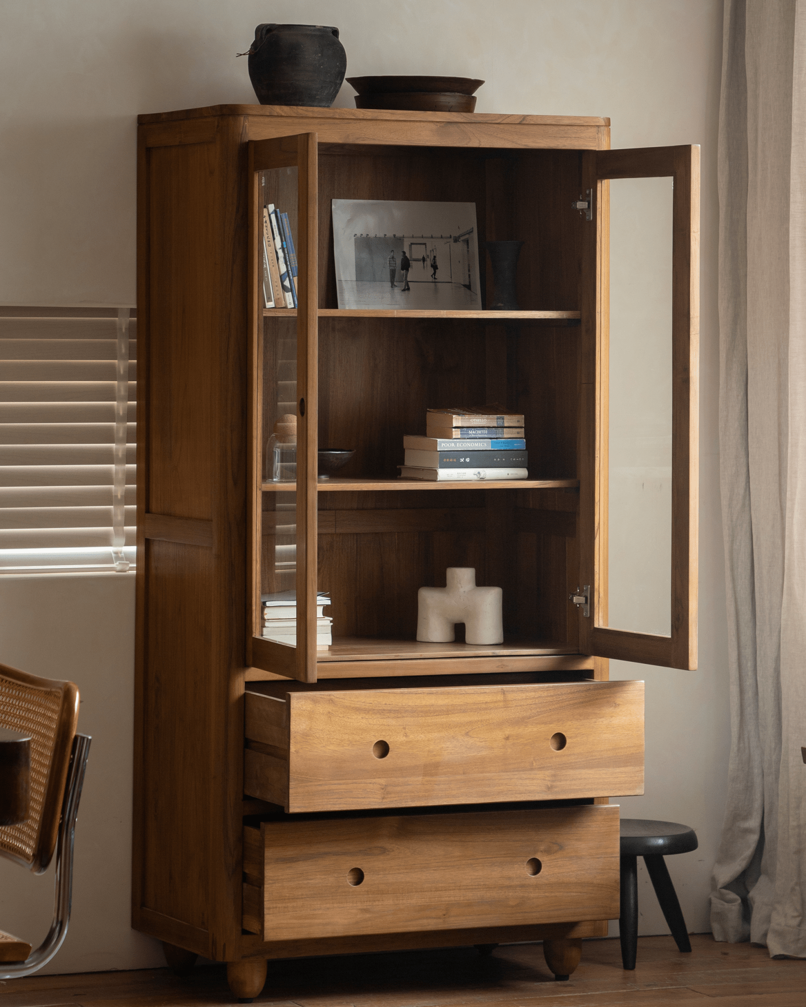 Reve Teak Bookcase with Double Glass Doors and spacious storage