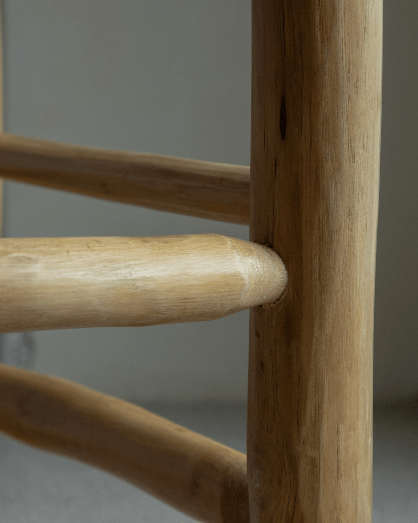 Isla Handwoven Stool detail: natural teak frame, mortise-and-tenon joinery, modern organic design