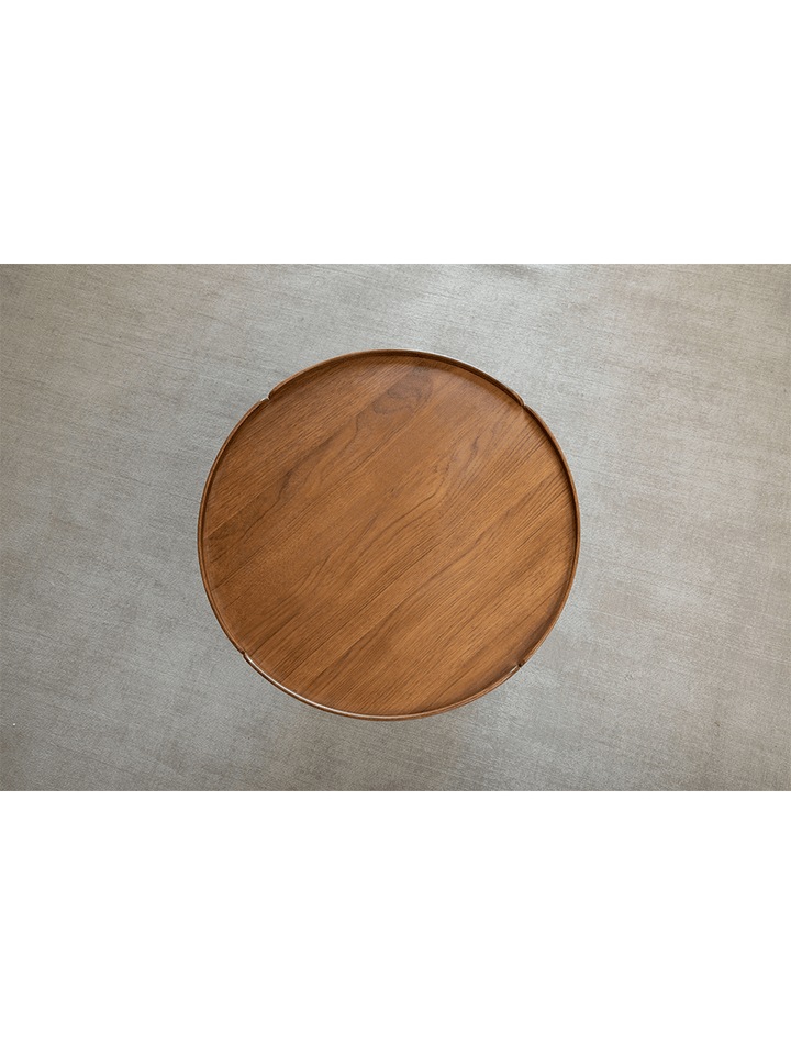 Round teak wood folding coffee table with raised edge
