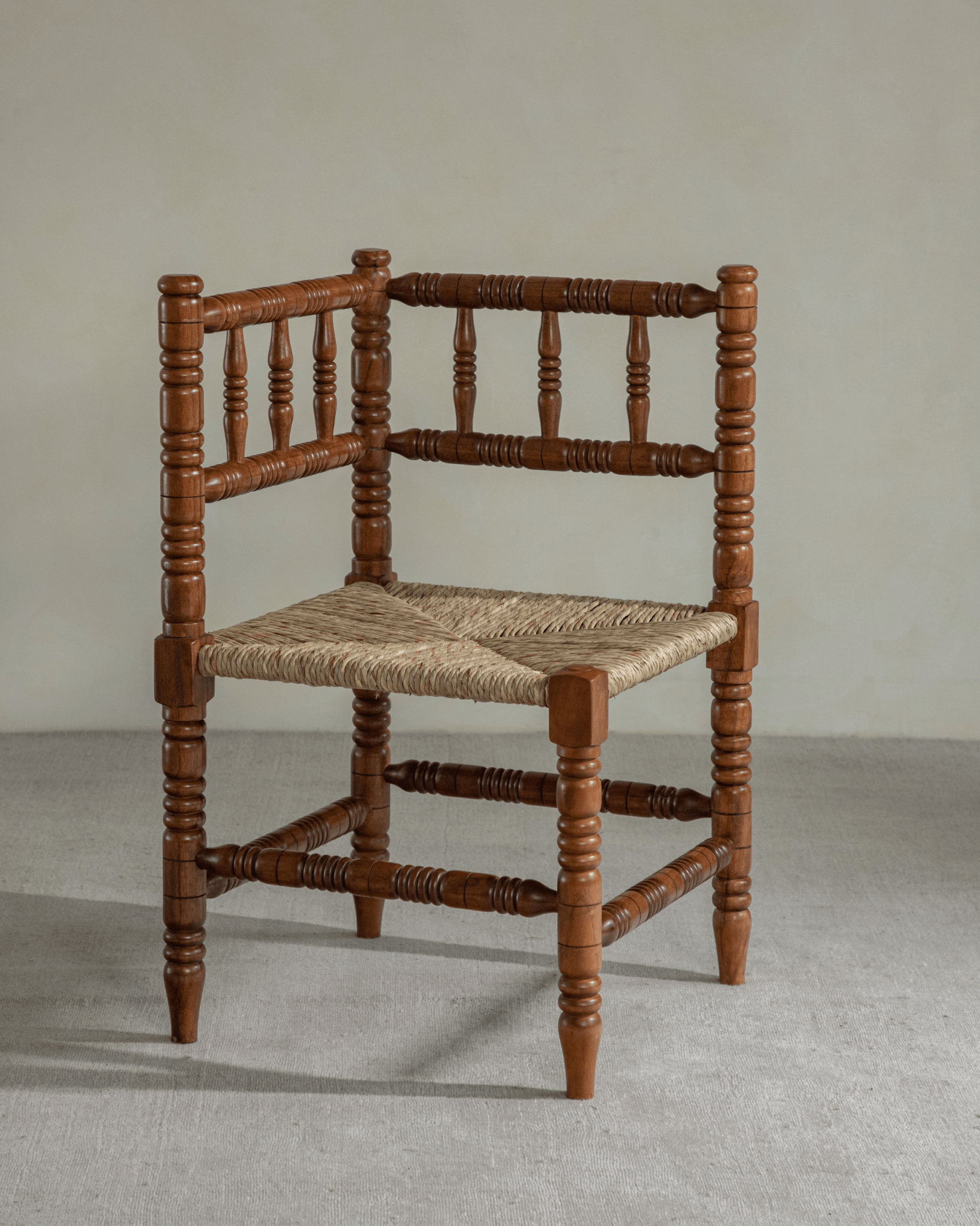 Bobbin Corner Chair - French Vintage design with durable Indonesian Teak frame and grass rope seat