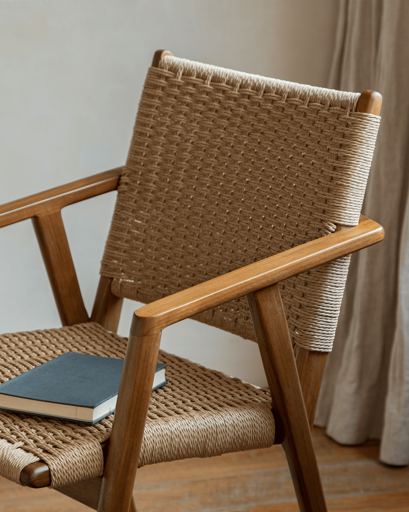 Louisa Chair with teak frame and woven seat. Mid-Century Modern design, perfect for study or dining room.