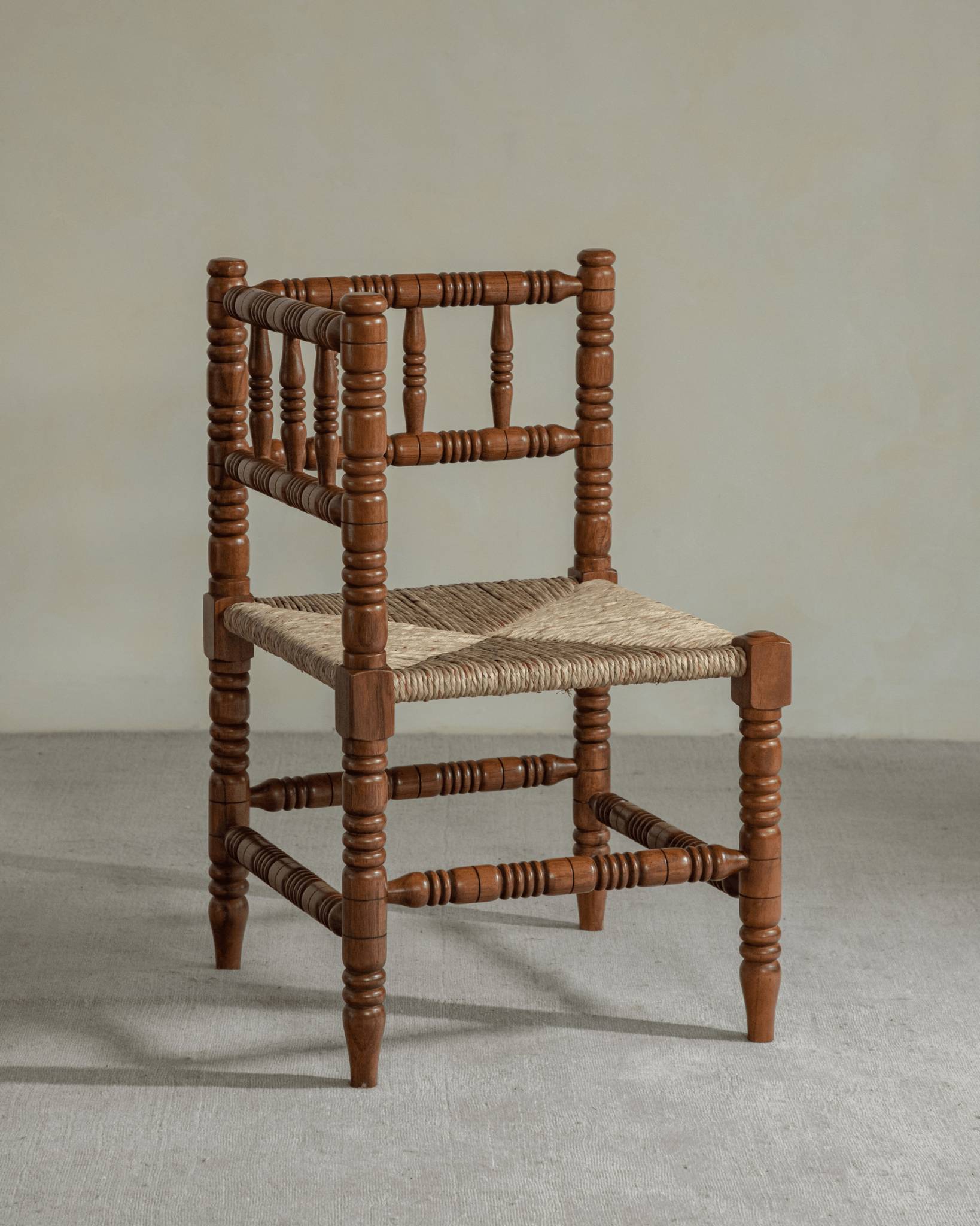 Bobbin Corner Chair - French vintage design, wooden frame, grass rope seat