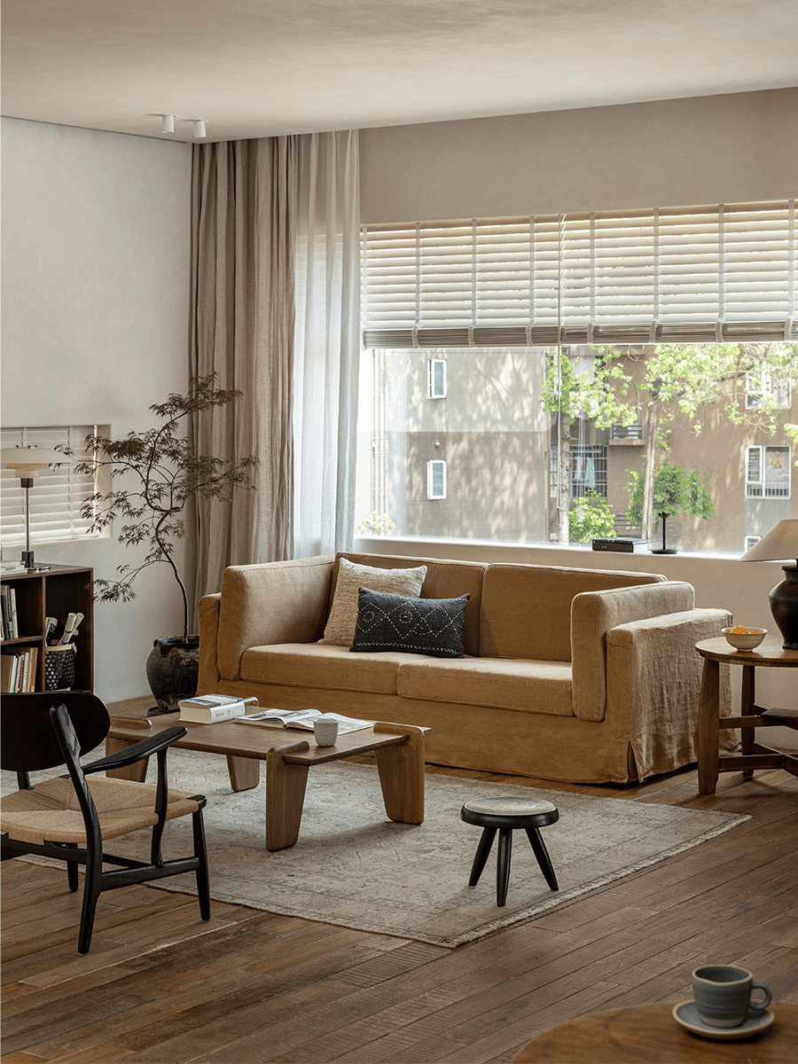 Beige Skirt Linen Sofa in modern living room, demonstrating comfort and design, perfect for a peaceful atmosphere.