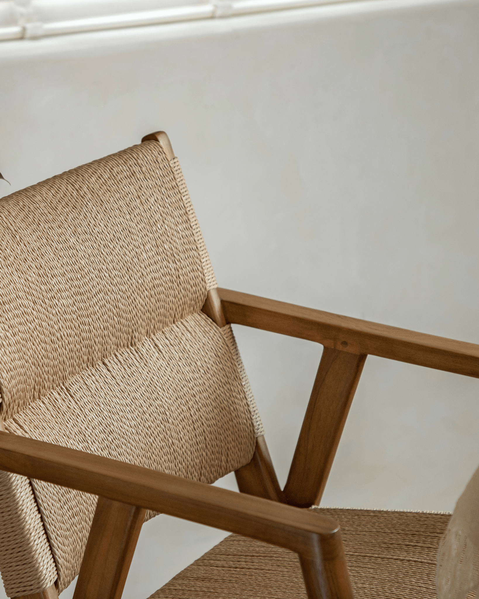 Louisa Chair detail: Woven seat & teak frame, Mid-Century Modern design for study/dining.