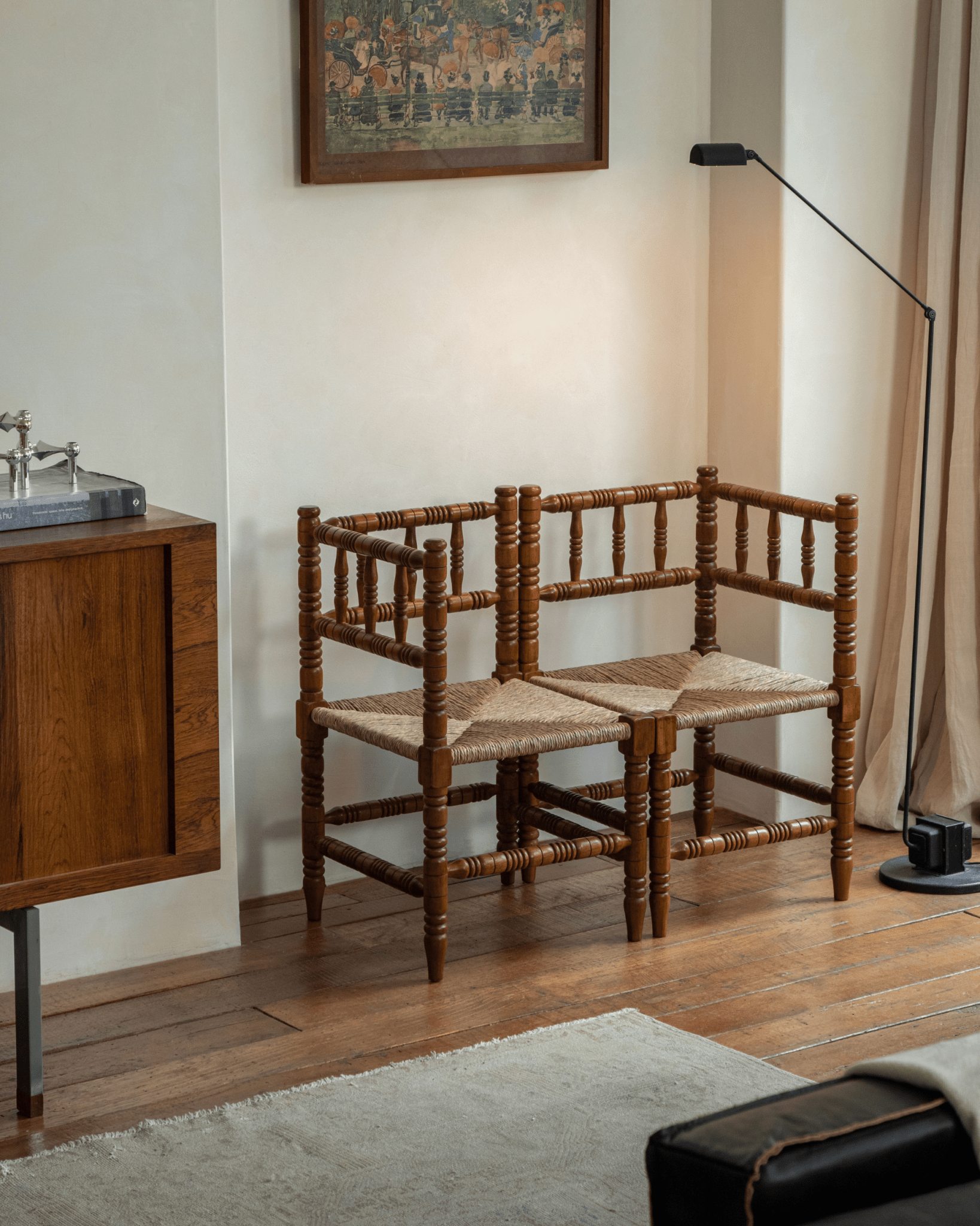 Bobbin Corner Chair - French Vintage design, handcrafted wooden frame with woven seat
