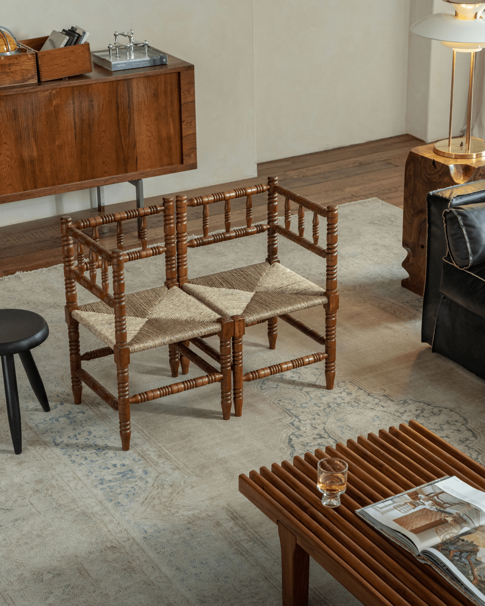 Bobbin Corner Chair, French Vintage style, Indonesian Teak frame, grass rope seat, and handcrafted details