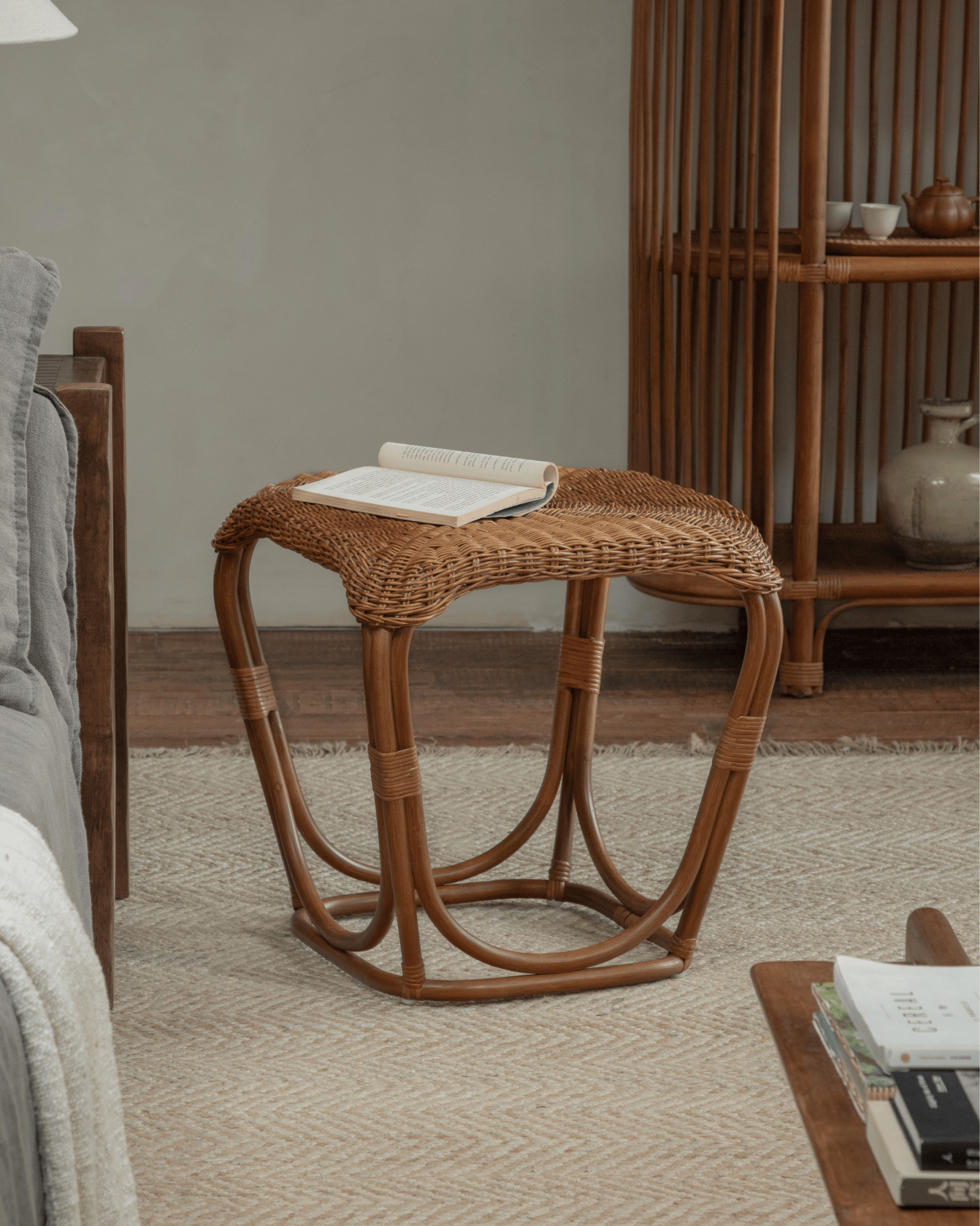 Pinecone Rattan Side Table – Versatile Handwoven Rattan Stool - ZM Home