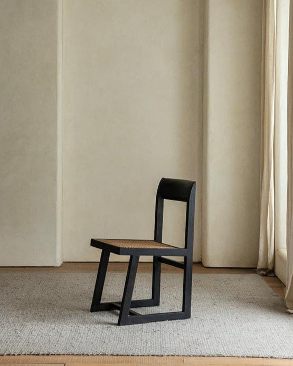 Chandigarh Box Chair - Black wooden frame with handwoven rattan seat, Mid-Century Modern design