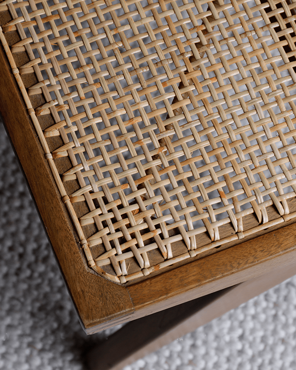 Chandigarh bench detail, natural rattan seat with teak wood frame, mid-century modern design