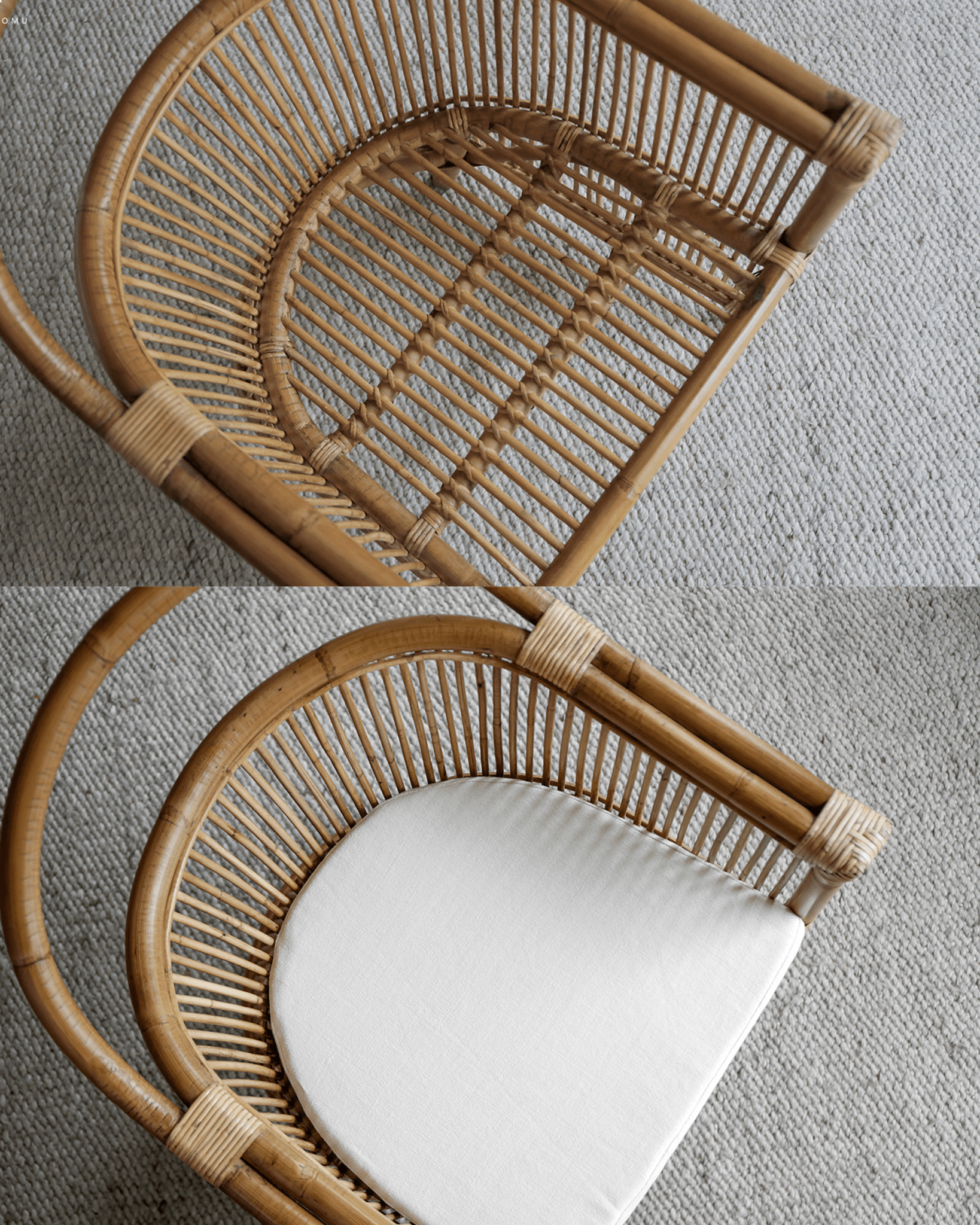 Cape Chair - Natural rattan chair with white linen cushion, top view