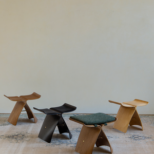Butterfly Stool in dark wood and black finishes, with fabric cushion options