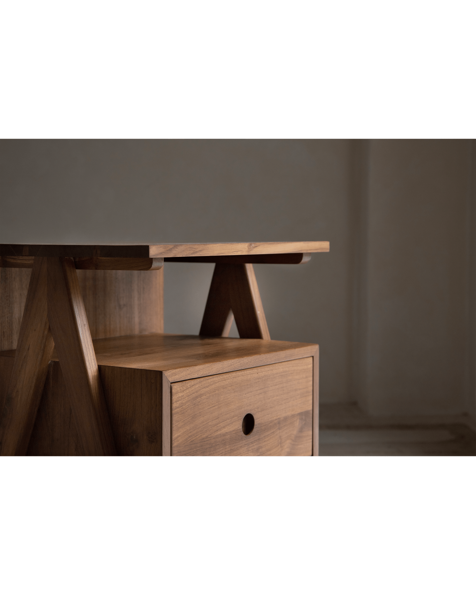 ZM Home Astral Nightstand detail: modern wooden bedside table with angled legs and drawer. Bedroom storage.