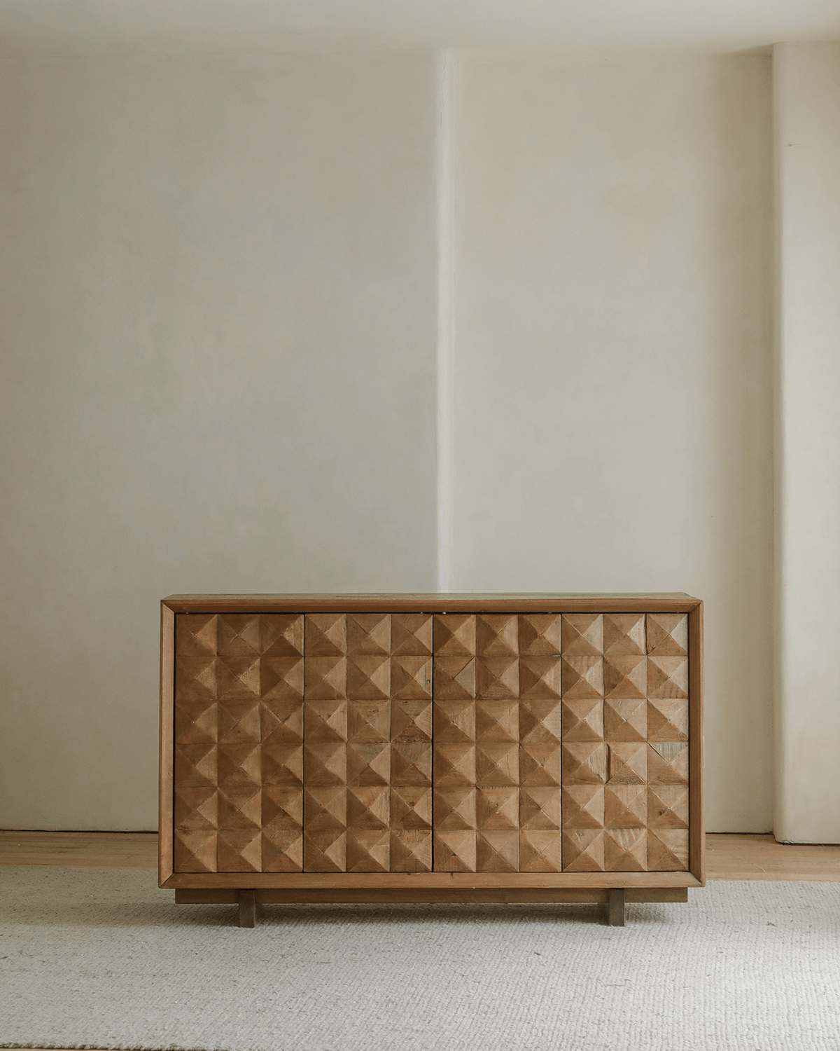 Bumpy Sideboard in reclaimed wood with geometric design, a modern living room cabinet.