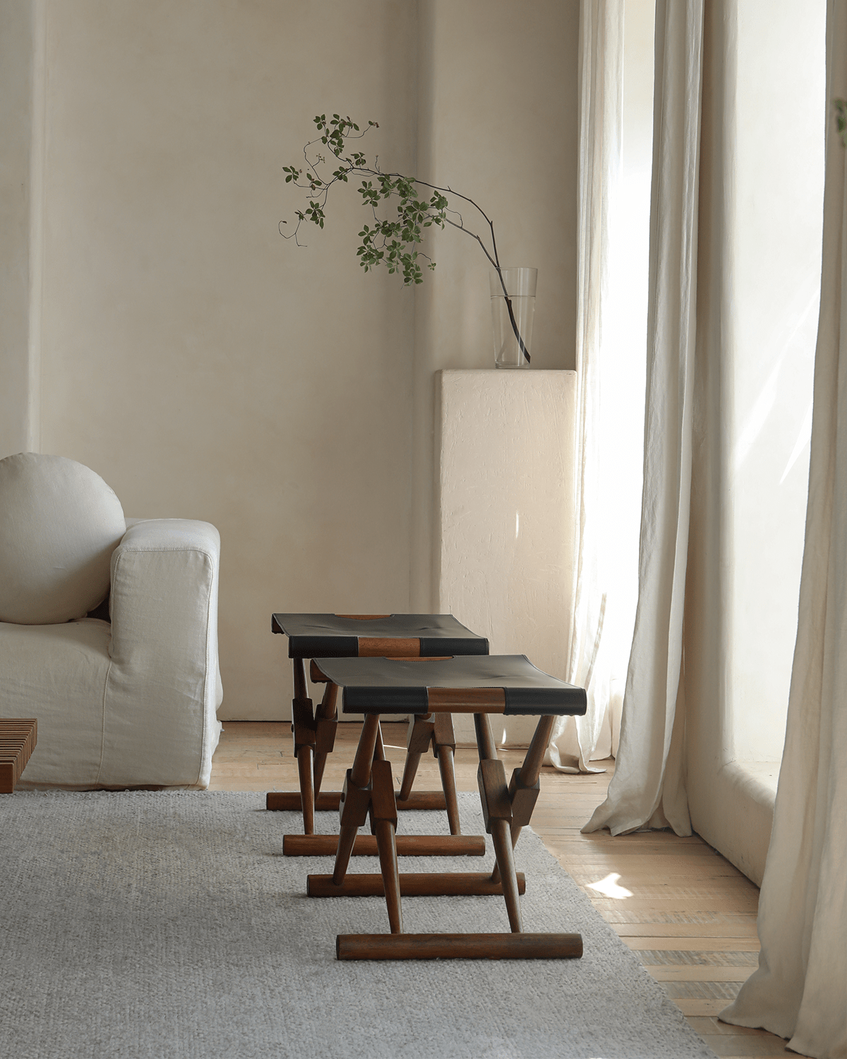 Lux Leather Stool pair, black saddle leather seat and teak wood frame, foldable design, minimalist home decor