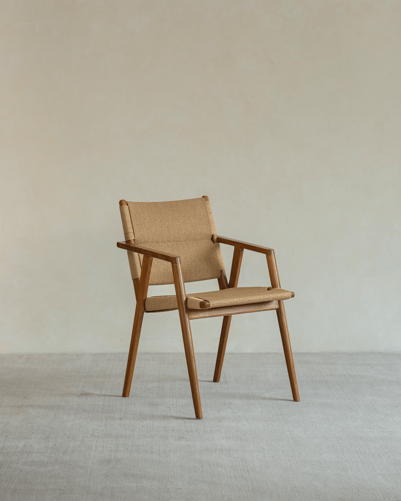 Louisa Chair - MCM replica with teak frame and woven seat, perfect for study or dining.