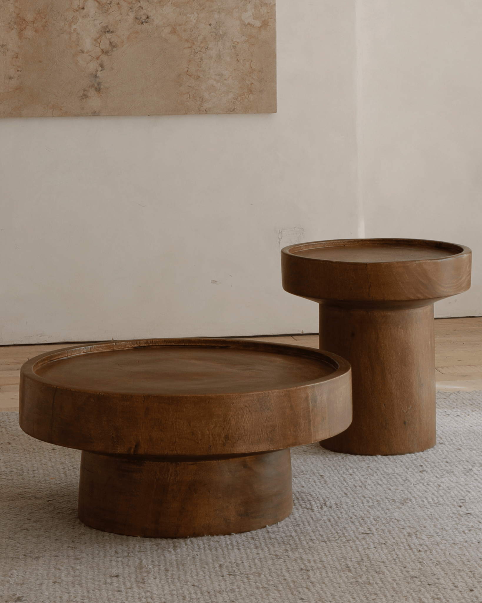 Stamp Coffee Table in warm wood finish, sculptural design, rainwood coffee table for living room
