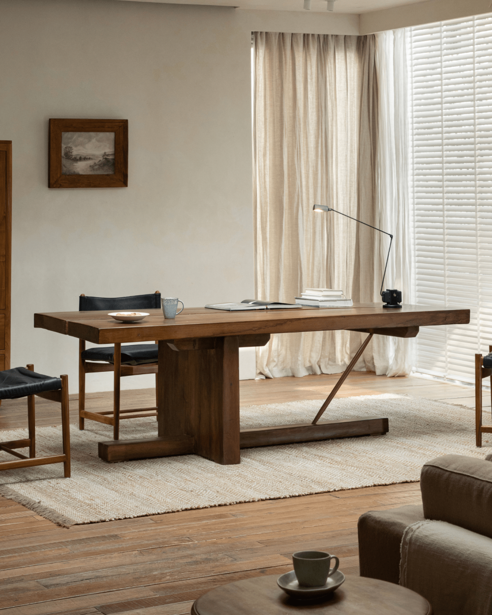 Sailboat desk crafted from solid wood, modern interior, natural light