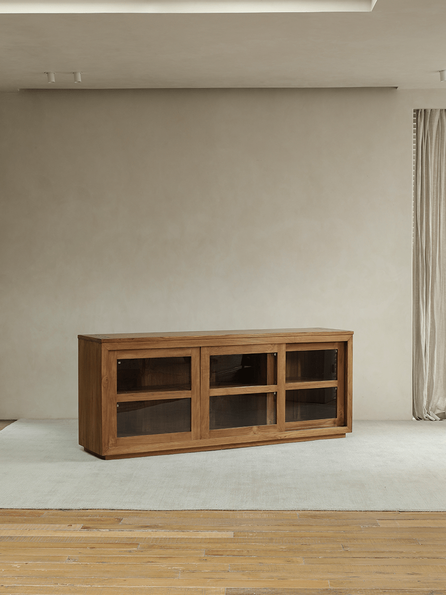 Teak wood Glass Front Bookcase with sliding glass doors, elegant display cabinet for living room storage.