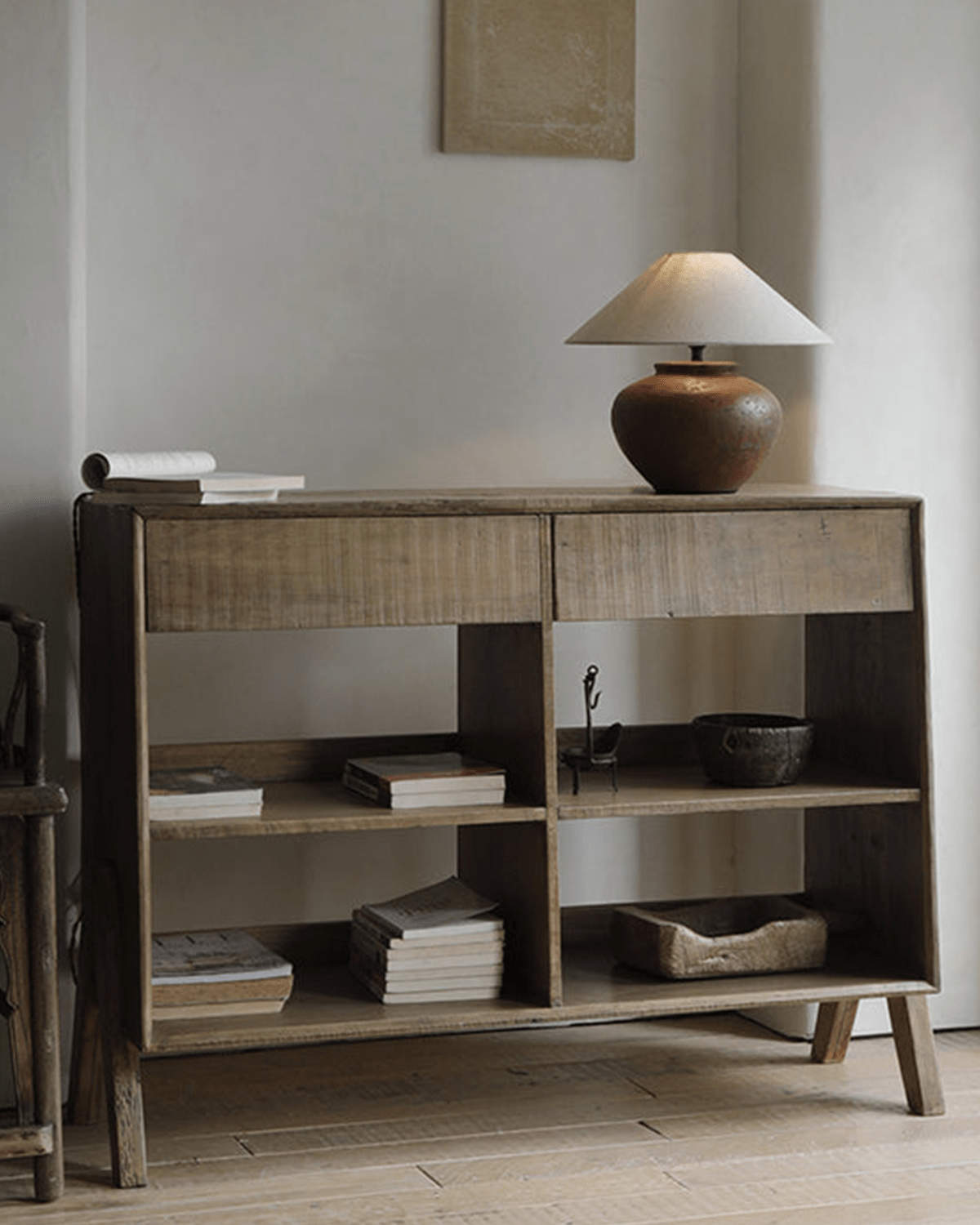 NO.0 Sideboard in natural reclaimed wood with open shelves, lamp, and books; vintage-inspired storage solution.