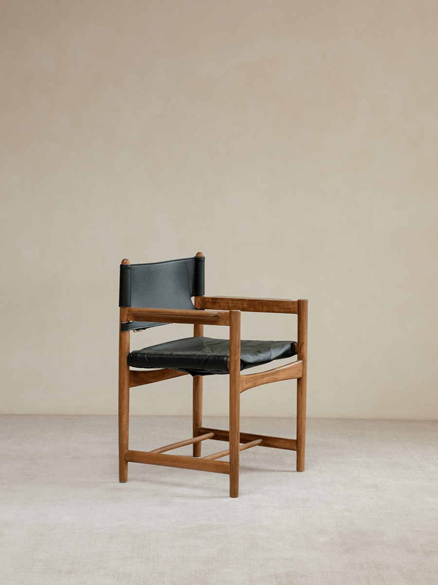 Spanish Dining Chair with black leather seat and teak wood frame