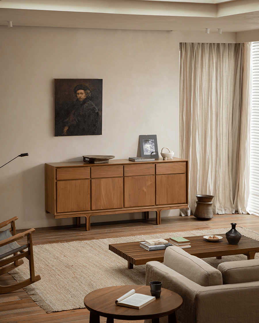 NO.44 Teak Sideboard in a living room setting, solid teak wood buffet, elegant design for modern interiors, ample storage