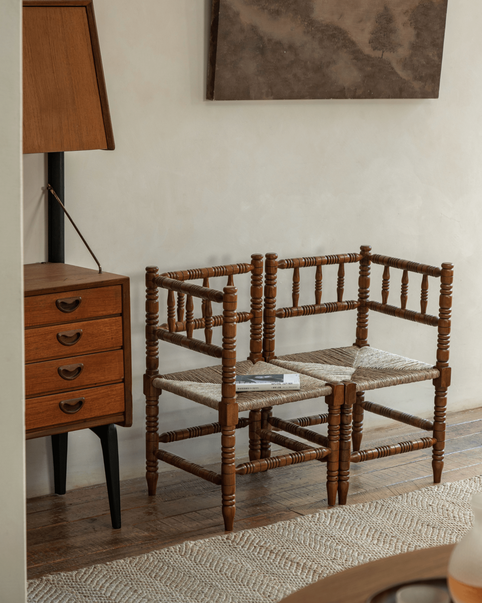 Bobbin Corner Chair - French vintage style with Indonesian Teak frame, grass rope seat, and handcrafted details.