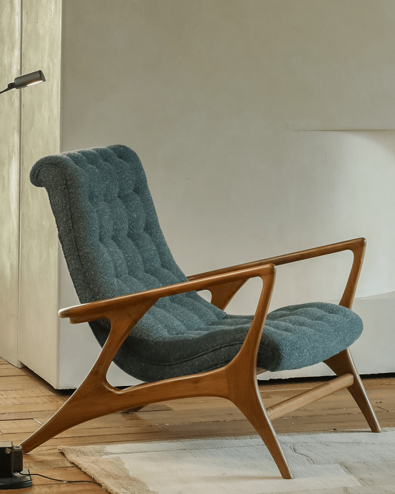 Kagan Lounge Chair in Teal Bouclé Upholstery and Solid Teak Wood Frame