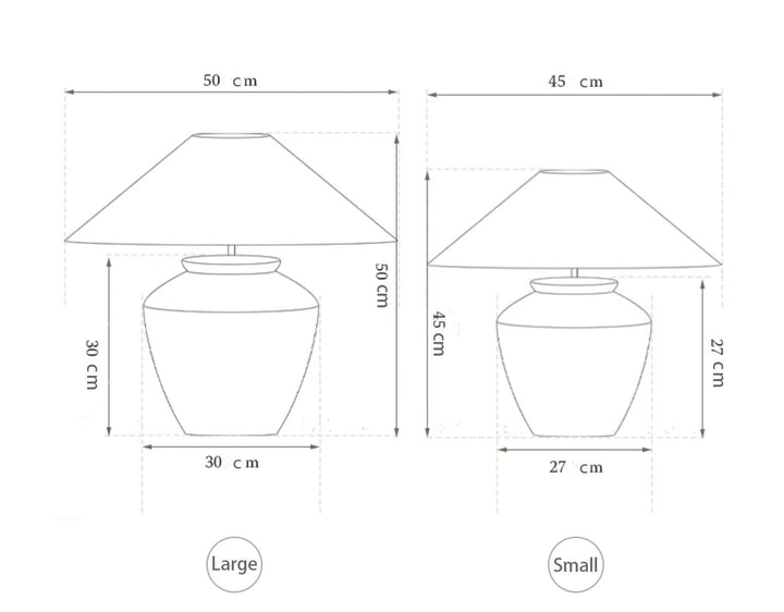 Dimensions of shirt lamp in large and small sizes, showcasing details in cm.