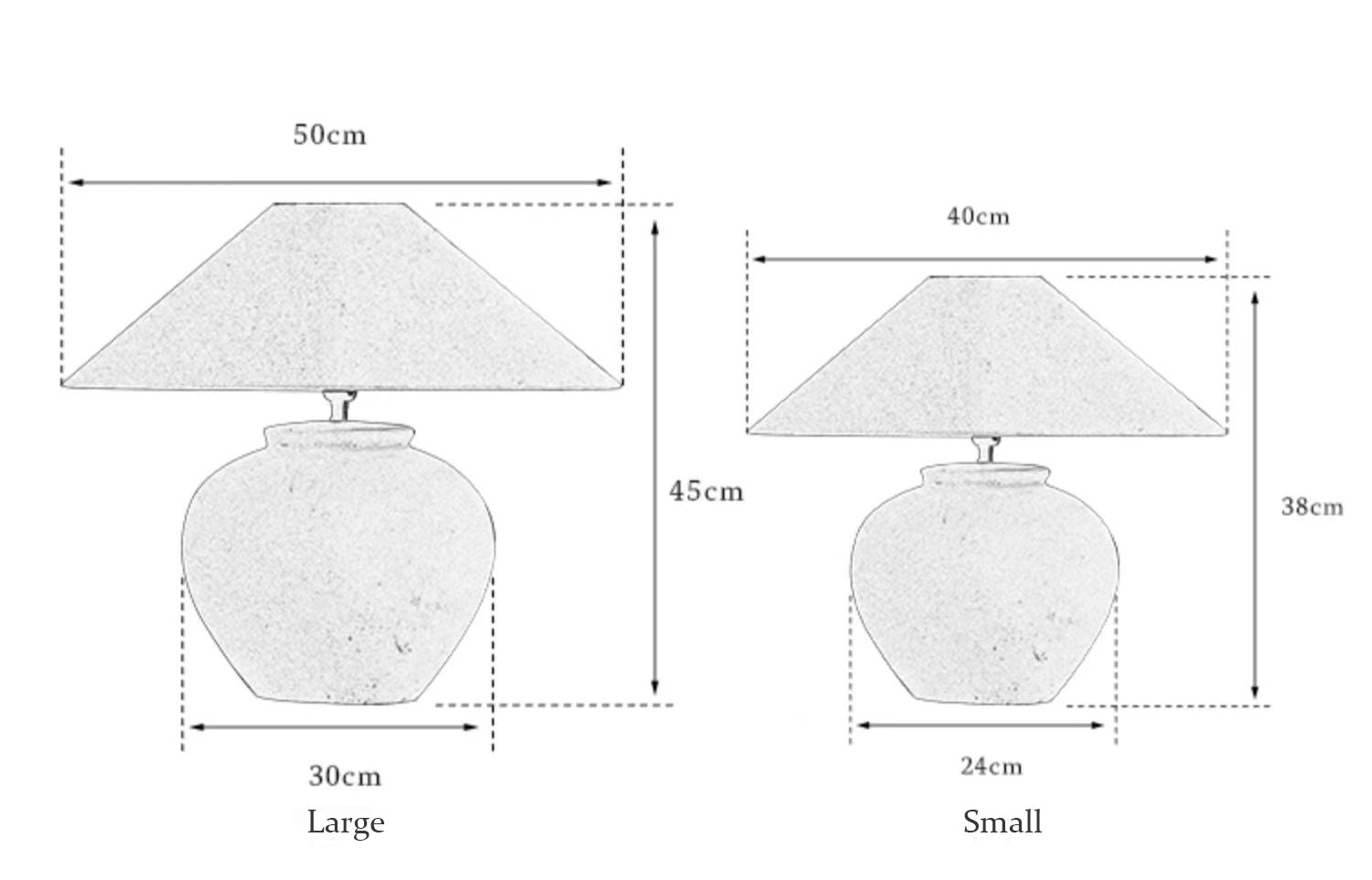 Clay Moon Lamp dimensions: Small and Large size comparison. Clay lamp with beige lampshade. Product dimensions.