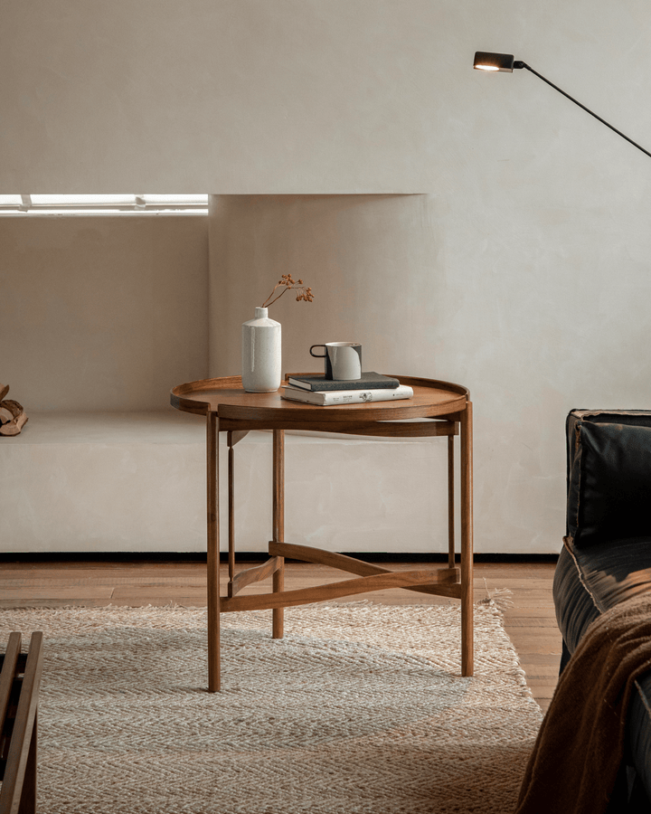 Hansen Tray Side Table with vase and cup in modern living room setting
