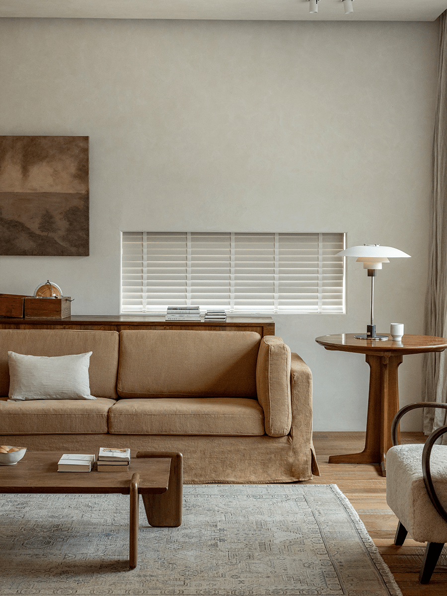 Tan Skirt Linen Sofa in modern living room, linen fabric, wooden furniture, peaceful atmosphere