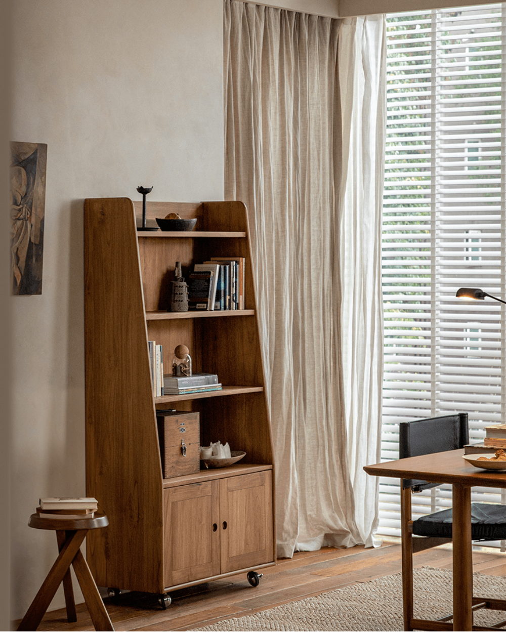 Lidi Display Cabinet in teak wood, showcasing modern design with adjustable shelves and wheels for easy mobility.