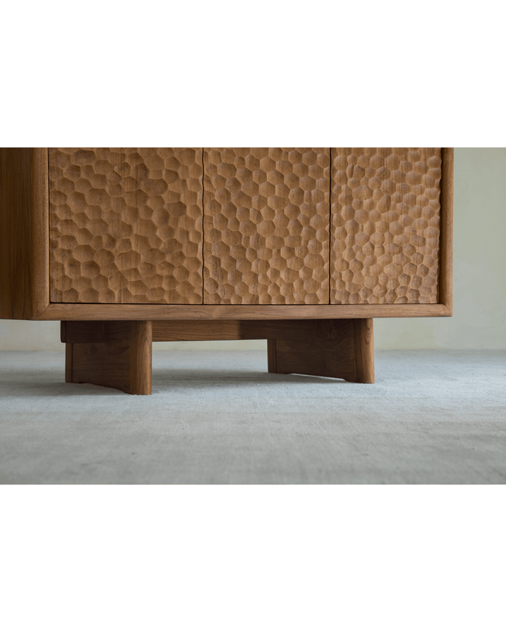 NO.3 Wave Cabinet with unique textured doors and wooden legs in minimalist style.