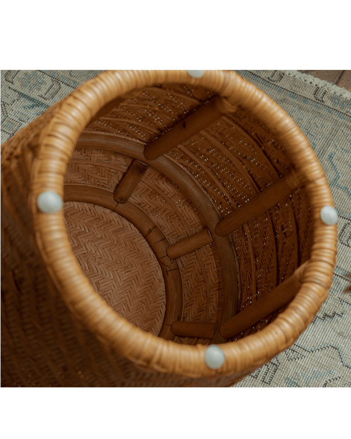 Top view of Drum Rattan Side Table showcasing inside construction and woven texture.