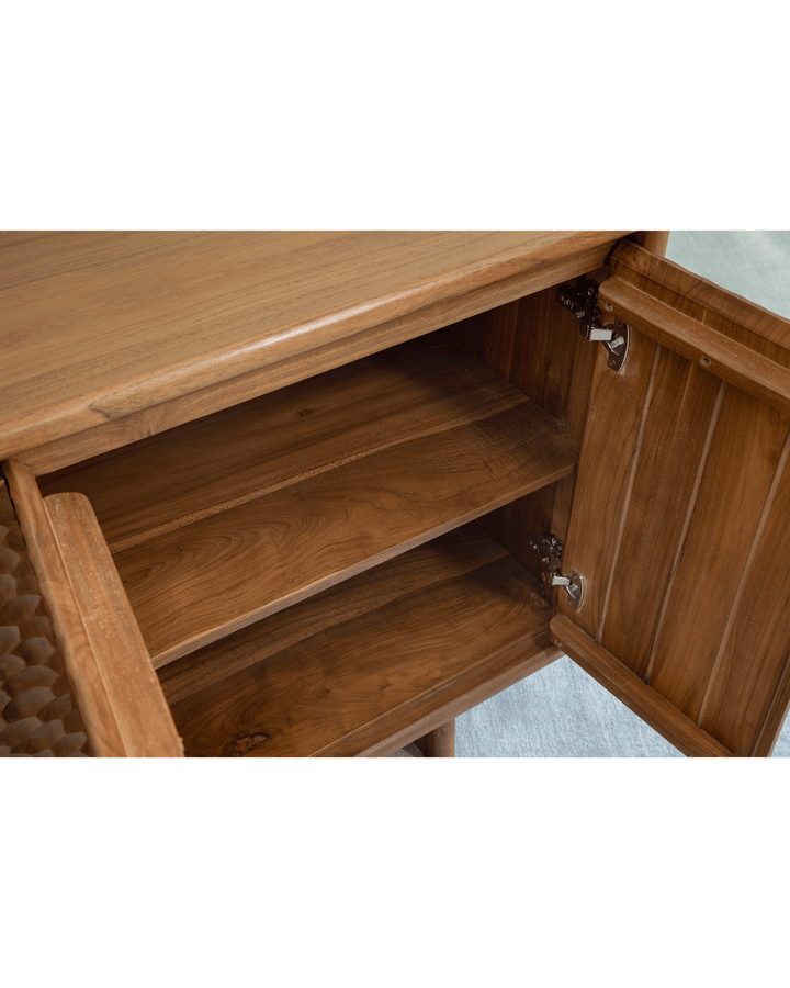 Inside view of NO.3 Wave Cabinet showcasing wooden shelves and textured doors