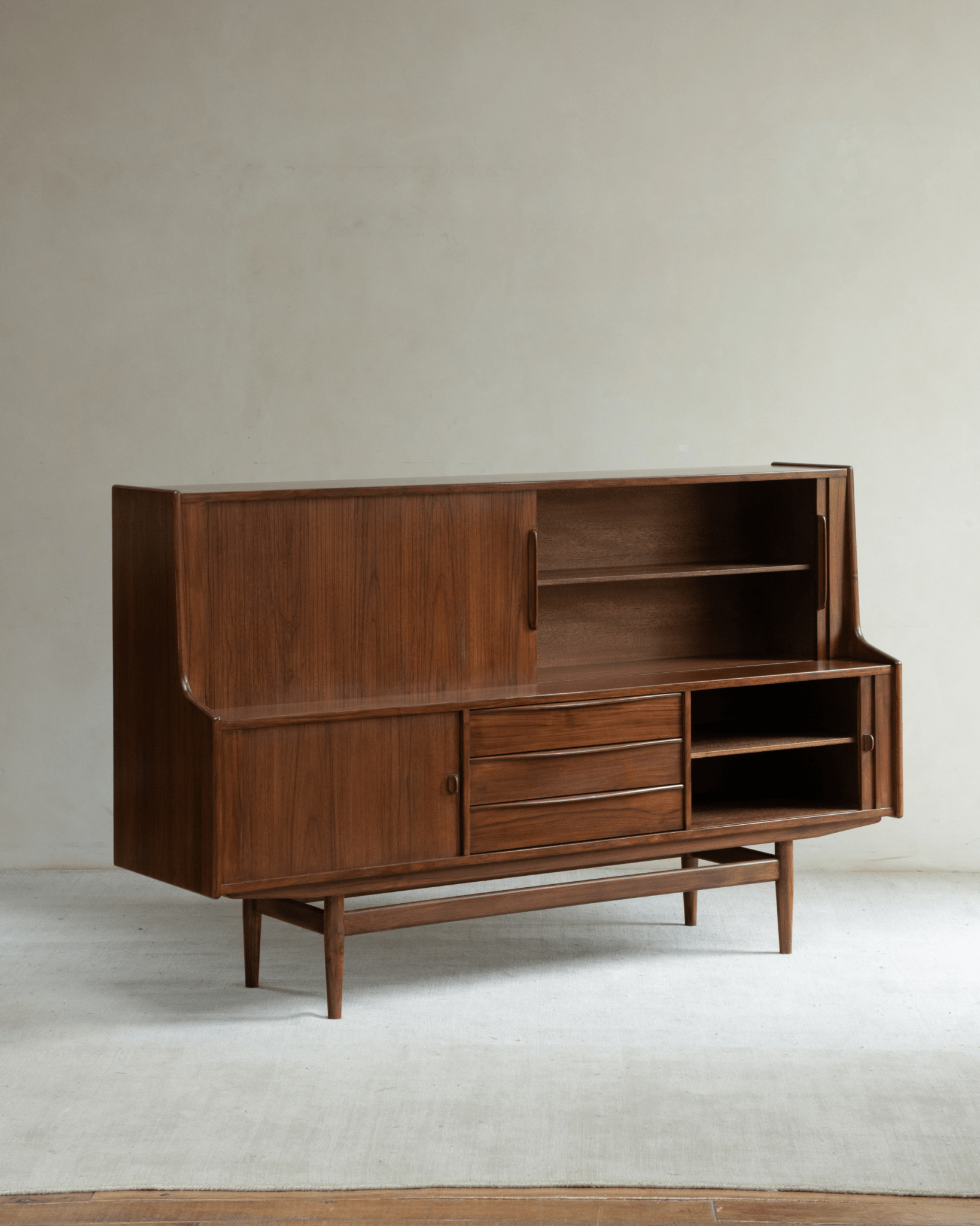 Ibu Teak Sideboard in teak wood, featuring tambour doors, drawers and open shelving, a Scandinavian inspired modern design.