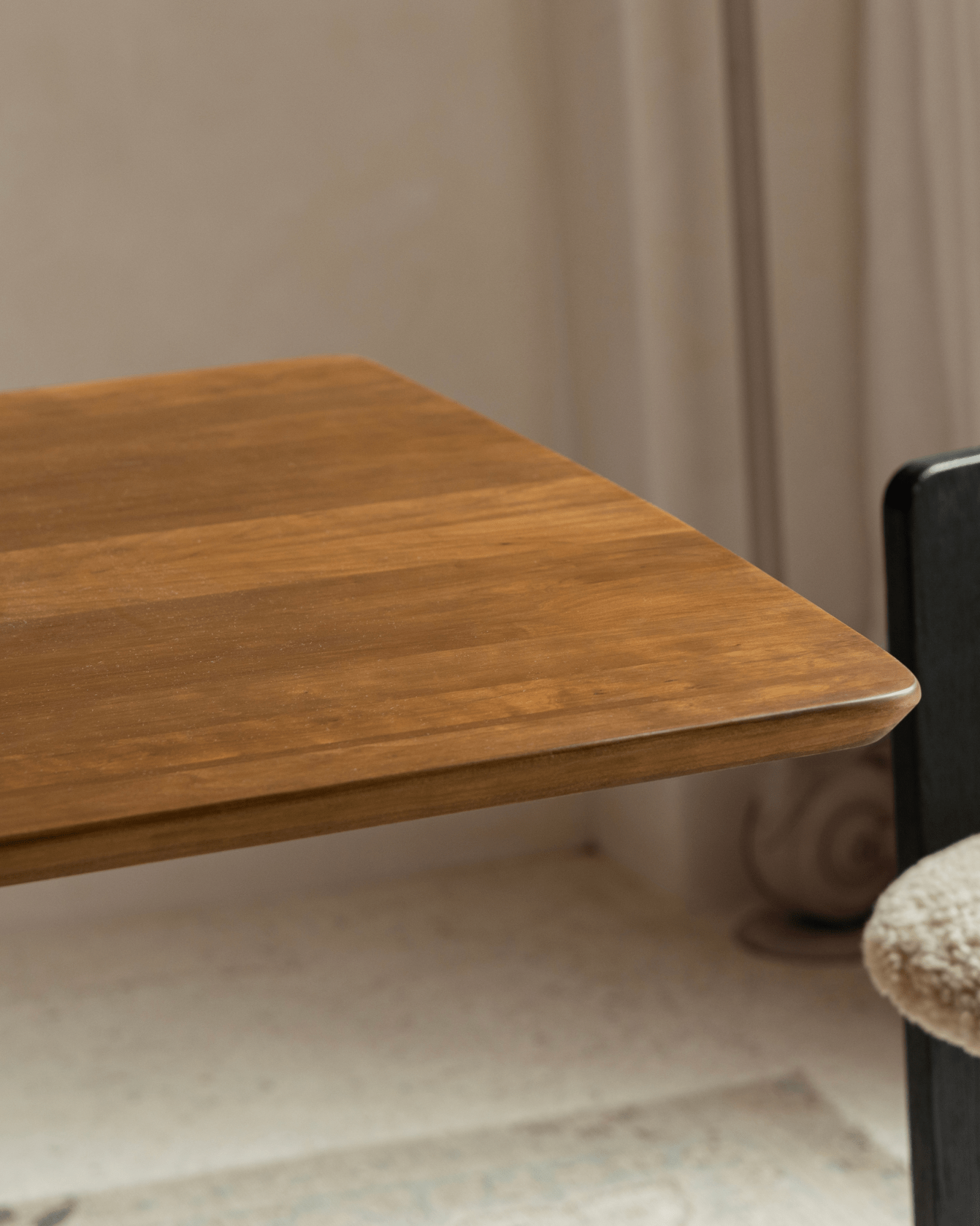 Eames Long Table detail, Burmese teak veneer top with rounded edge