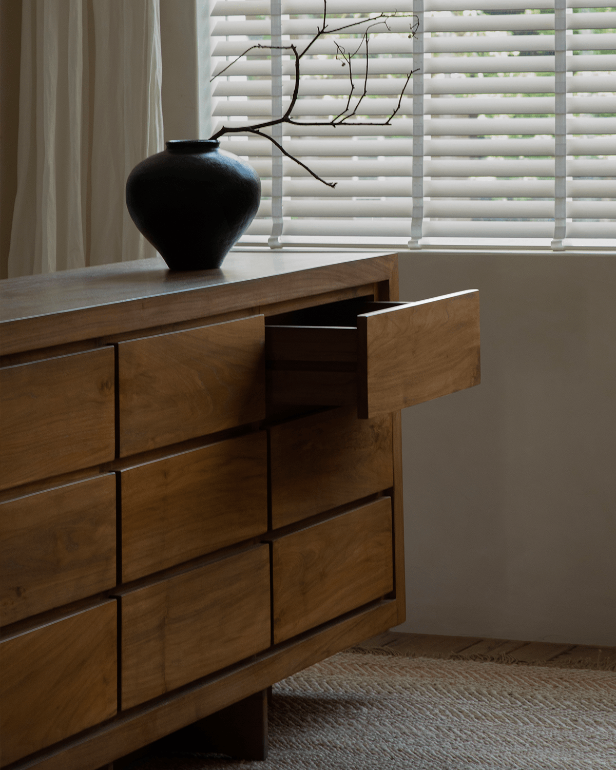 Palette Teak Sideboard with open drawer, solid teak wood buffet, modern storage solution