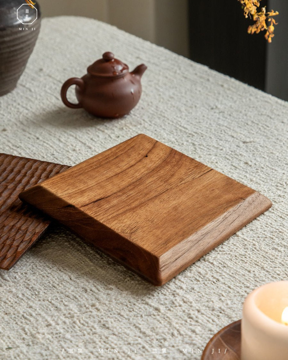 Crafted All Tray - Handcrafted teak wood serving tray with MIN JI branding, perfect for food serving and display.