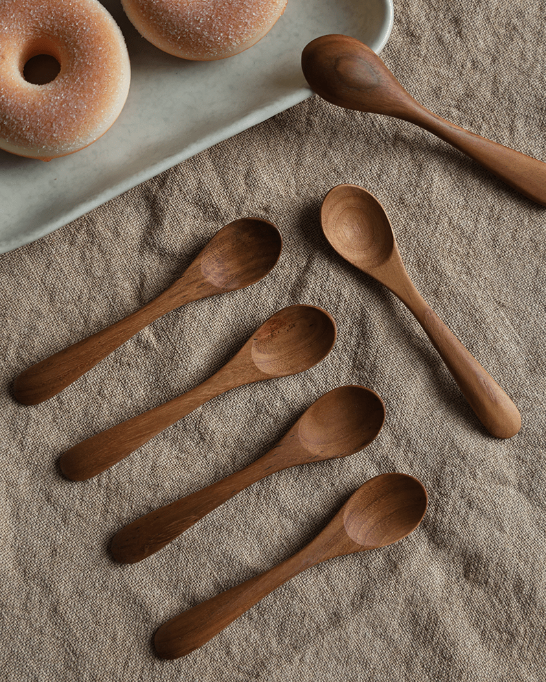 Wooden table spoons and donuts on beige linen. Natural wood spoons, Table Spoon*4PCS.