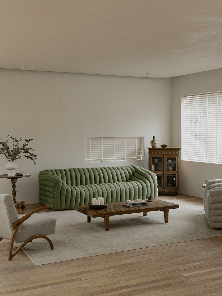 Green Miche Sofa with ribbed design in a modern living room, soft and comfortable, perfect for cozy living