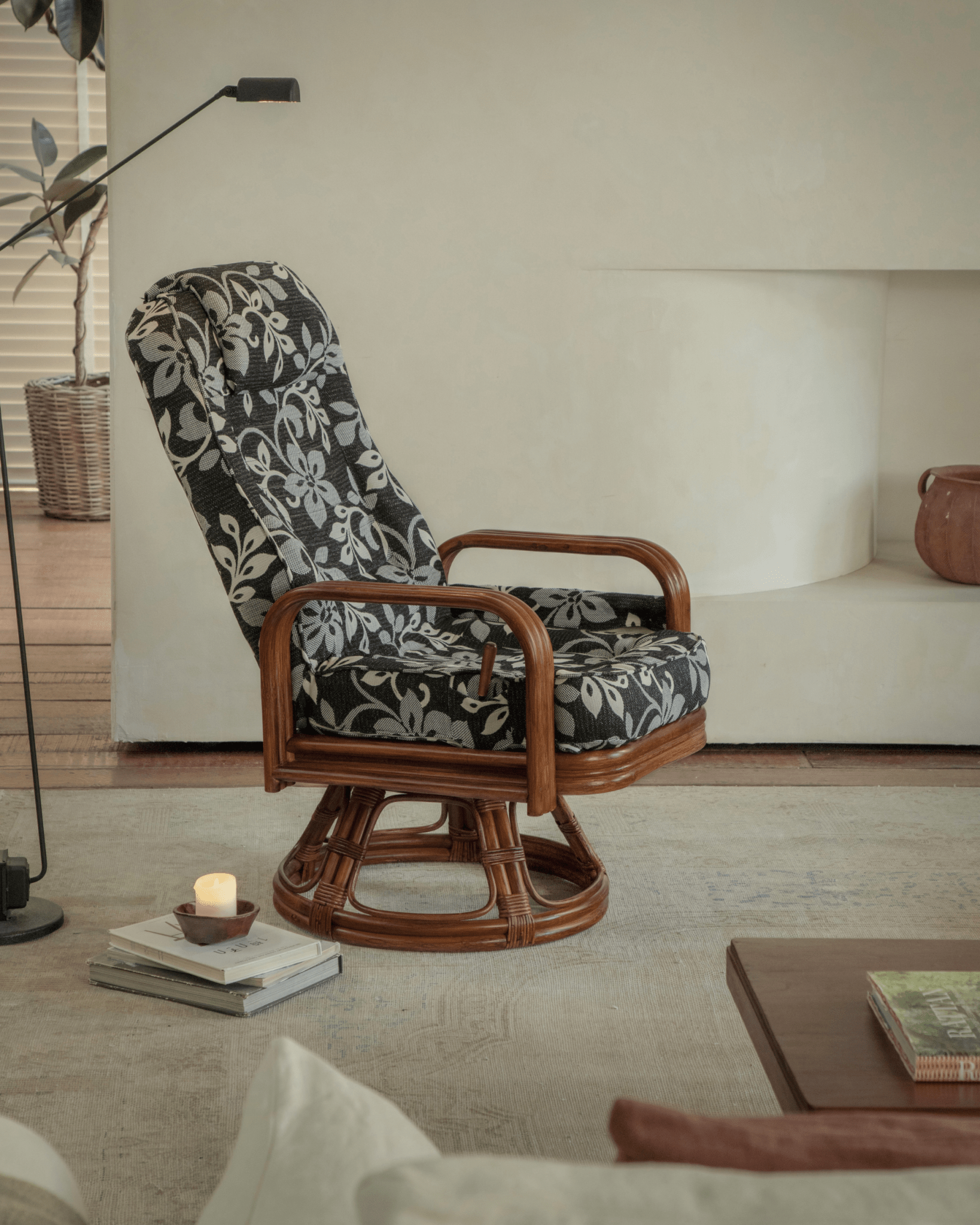 Willow Rattan Chair with floral cushions, Indonesian rattan frame, and modern design