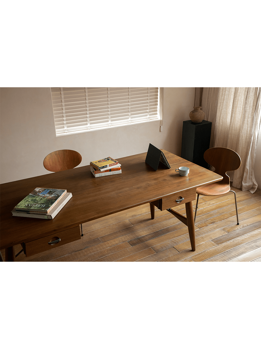 Architect Desk in teak wood, modern office with books, tablet, and chairs
