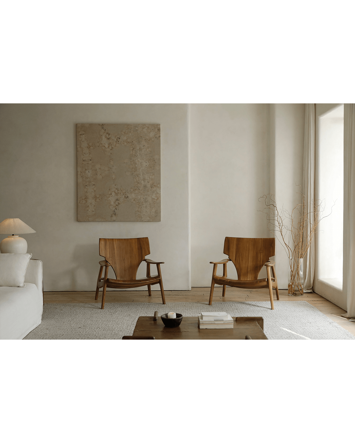 Zen Armchairs in a Minimalist Living Room - Wooden ergonomic design for ultimate comfort and relaxation.