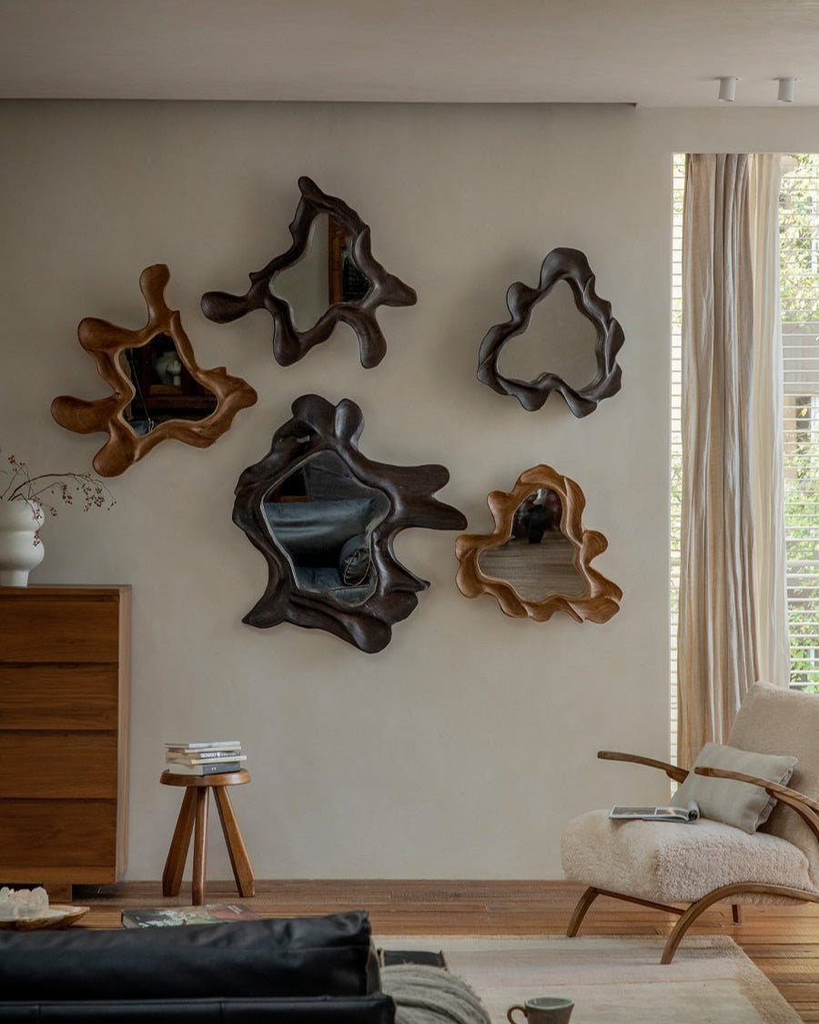 Arbor Mirrors in diverse wood tones, handcrafted natural shape for modern interior design, wall decor.