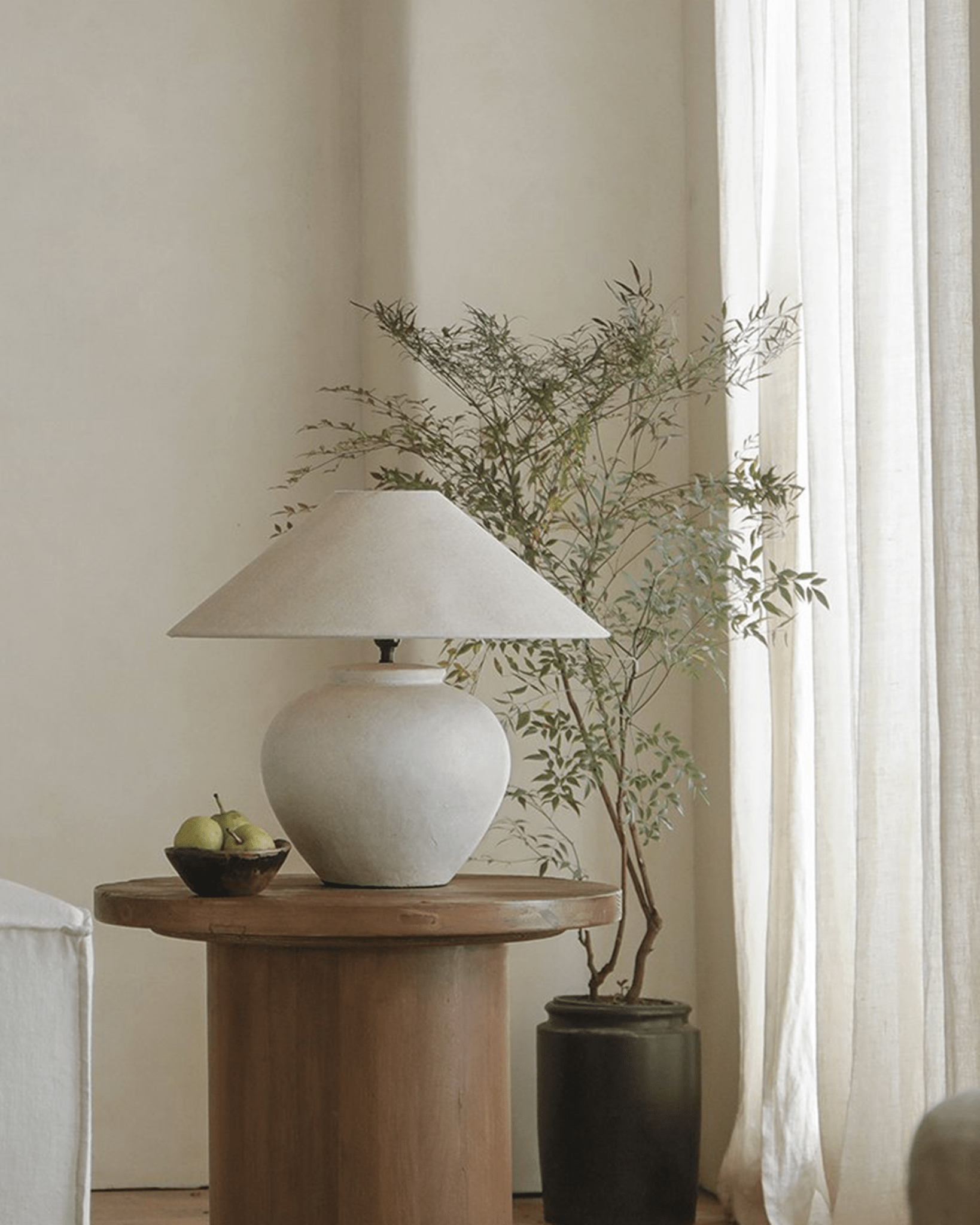 Clay Moon Lamp with beige lampshade, wooden table, and plant in a well-lit room, showcasing the clay material.